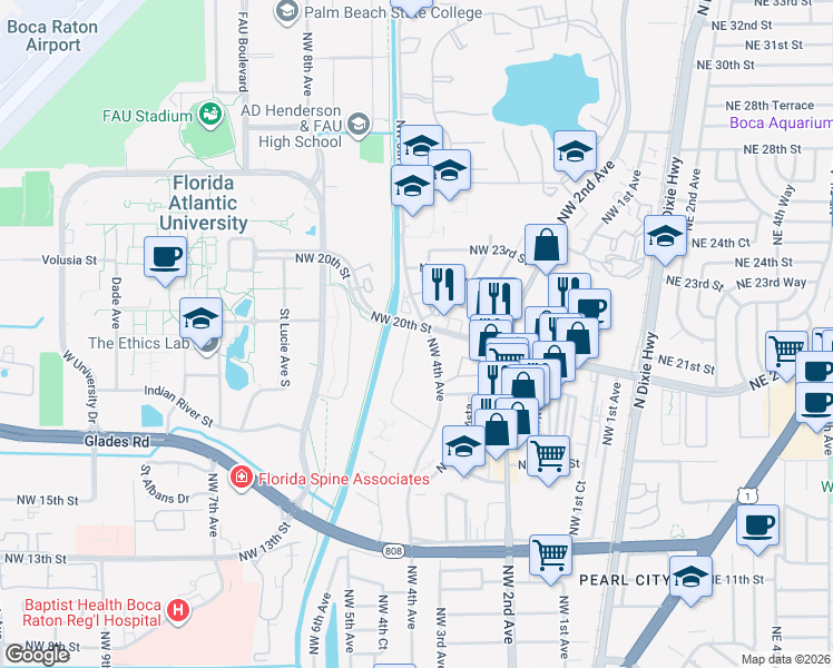 map of restaurants, bars, coffee shops, grocery stores, and more near 480 Northeast 20th Street in Boca Raton