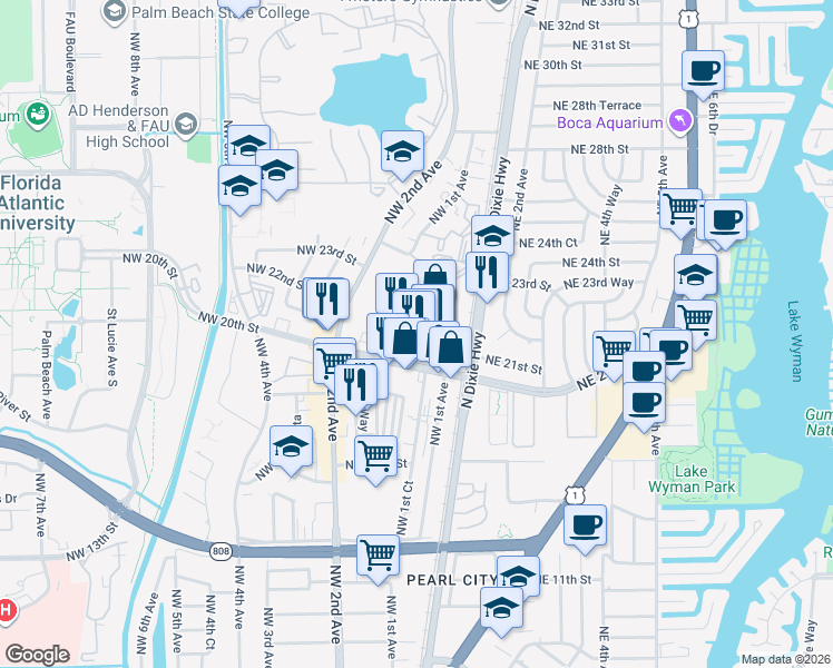 map of restaurants, bars, coffee shops, grocery stores, and more near 141 Northwest 20th Street in Boca Raton
