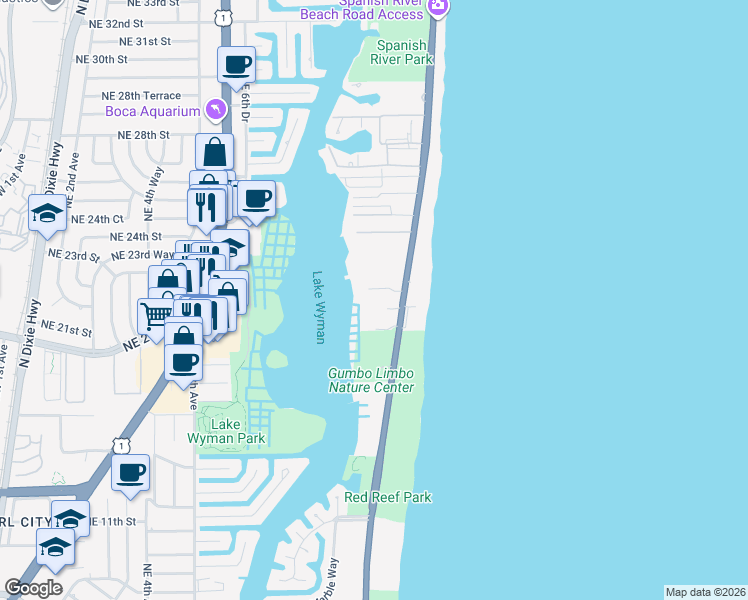 map of restaurants, bars, coffee shops, grocery stores, and more near 2001 North Ocean Boulevard in Boca Raton
