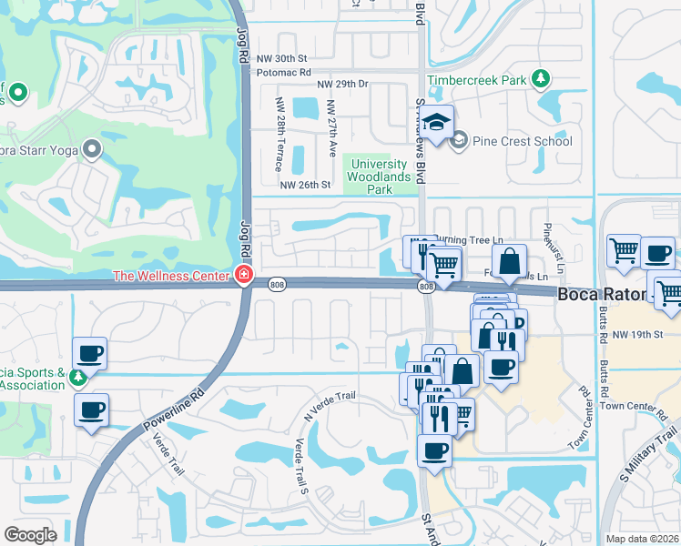 map of restaurants, bars, coffee shops, grocery stores, and more near 6230 Northwest 23rd Street in Boca Raton