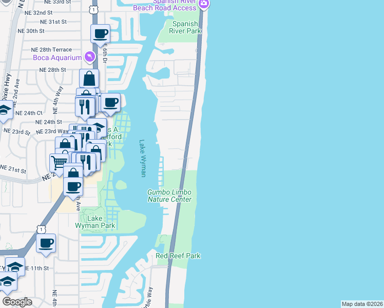 map of restaurants, bars, coffee shops, grocery stores, and more near 2000 North Ocean Boulevard in Boca Raton
