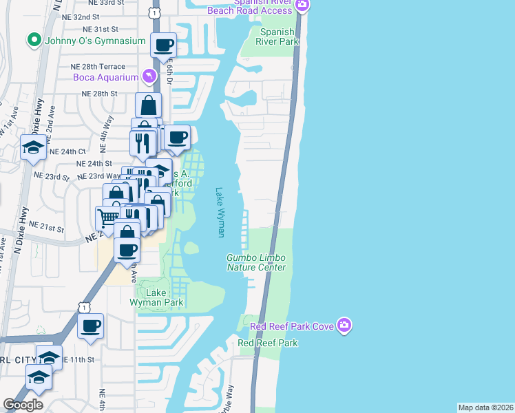 map of restaurants, bars, coffee shops, grocery stores, and more near 2001 North Ocean Boulevard in Boca Raton