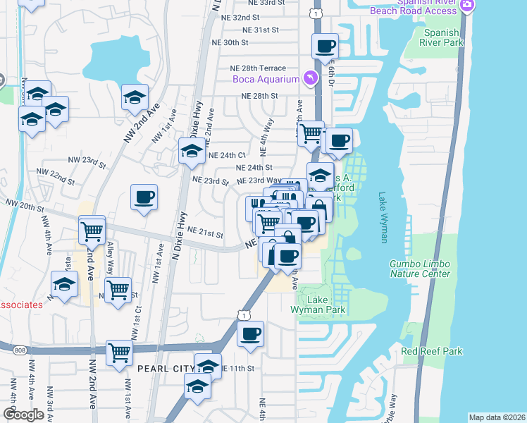map of restaurants, bars, coffee shops, grocery stores, and more near 2140 Northeast 4th Way in Boca Raton