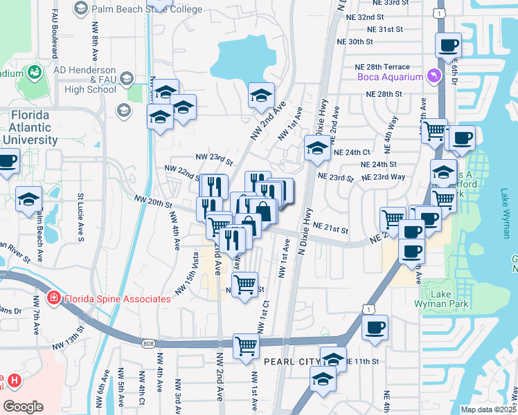map of restaurants, bars, coffee shops, grocery stores, and more near 155 Northwest 20th Street in Boca Raton