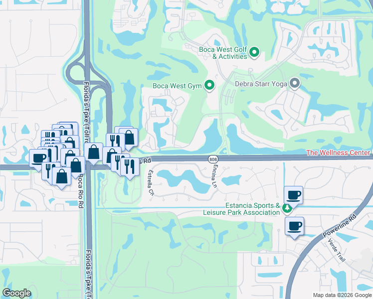 map of restaurants, bars, coffee shops, grocery stores, and more near 20660 Bridgewood Drive in Boca Raton