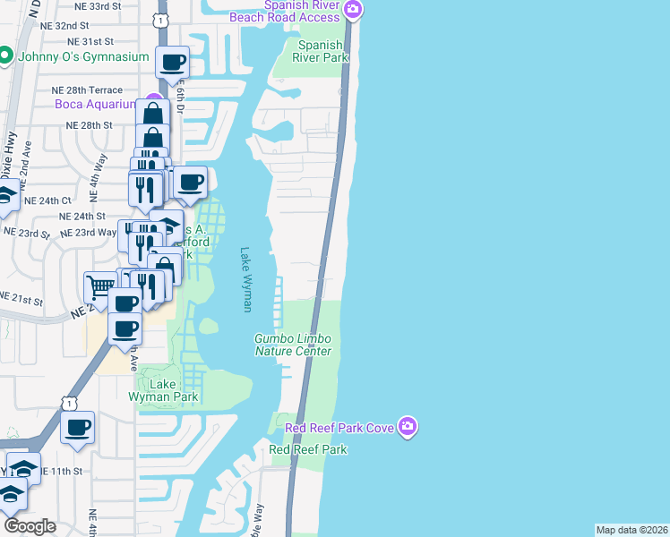 map of restaurants, bars, coffee shops, grocery stores, and more near 2070 North Ocean Boulevard in Boca Raton