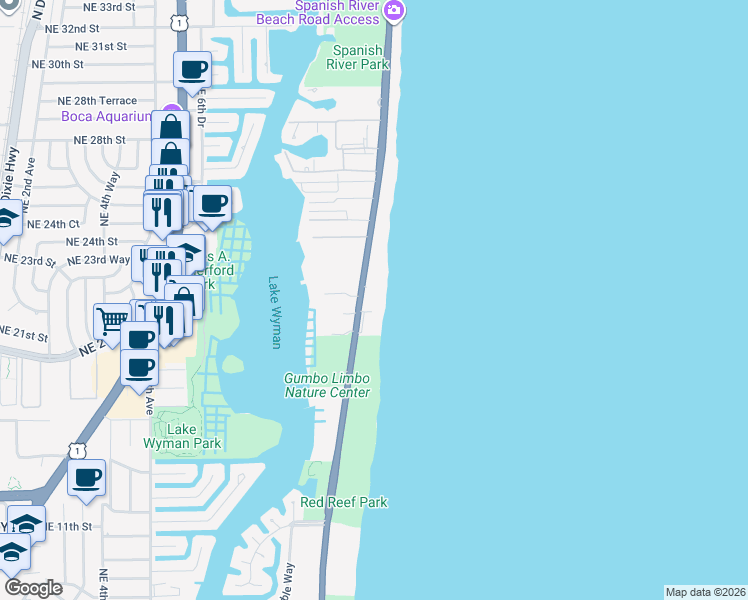 map of restaurants, bars, coffee shops, grocery stores, and more near 2066 North Ocean Boulevard in Boca Raton