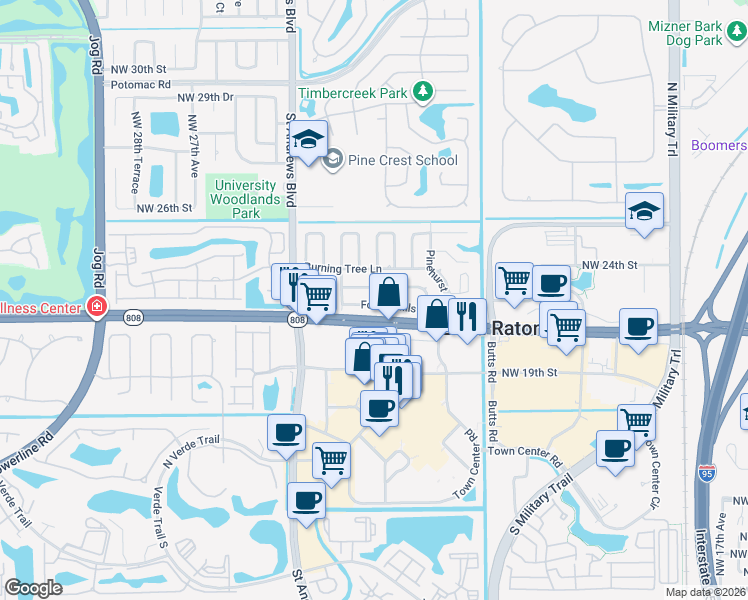 map of restaurants, bars, coffee shops, grocery stores, and more near 7 Tam O Shanter Lane in Boca Raton
