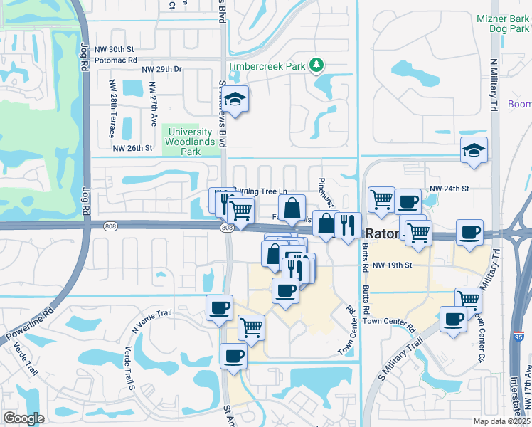 map of restaurants, bars, coffee shops, grocery stores, and more near 7 Tam O Shanter Lane in Boca Raton