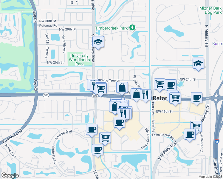 map of restaurants, bars, coffee shops, grocery stores, and more near 7 Tam O Shanter Lane in Boca Raton