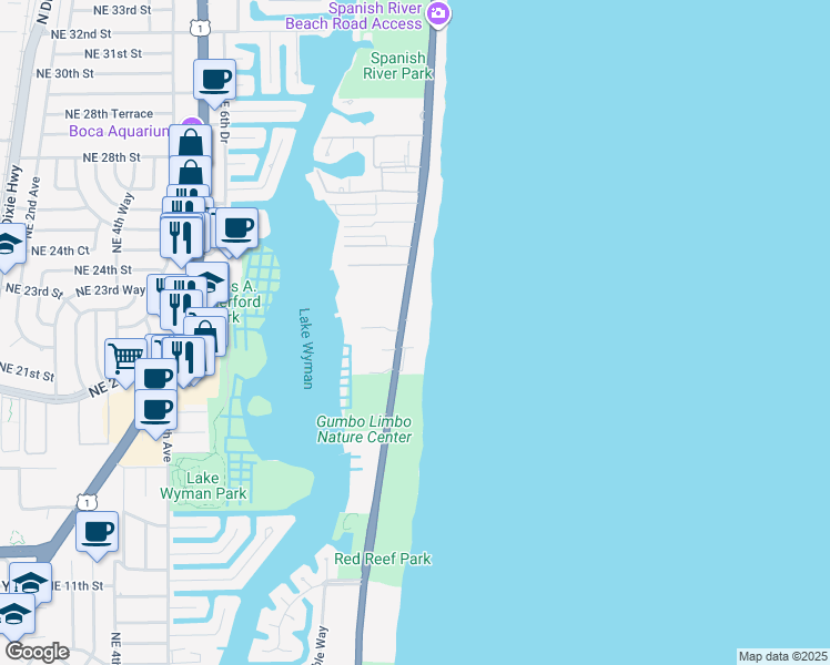 map of restaurants, bars, coffee shops, grocery stores, and more near 2070 North Ocean Boulevard in Boca Raton