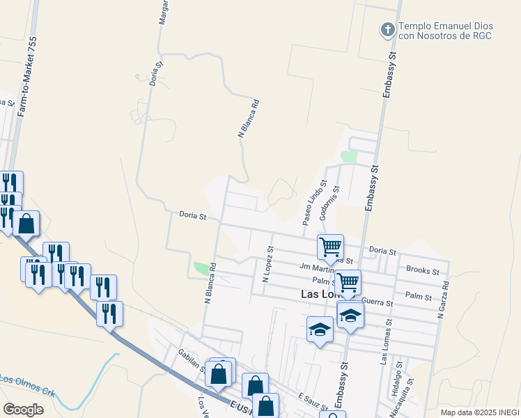 map of restaurants, bars, coffee shops, grocery stores, and more near 5029 Puebla Street in Rio Grande City