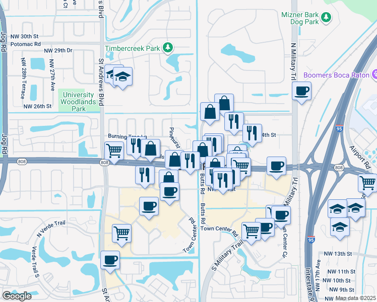 map of restaurants, bars, coffee shops, grocery stores, and more near 2333 Glades Road in Boca Raton
