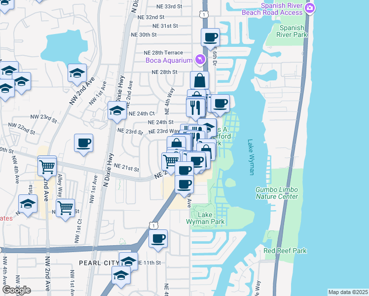map of restaurants, bars, coffee shops, grocery stores, and more near 2257 North Federal Highway in Boca Raton