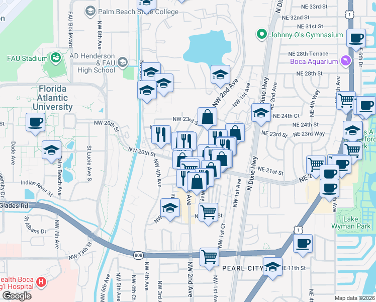 map of restaurants, bars, coffee shops, grocery stores, and more near 2130 Northwest 21st Street in Boca Raton