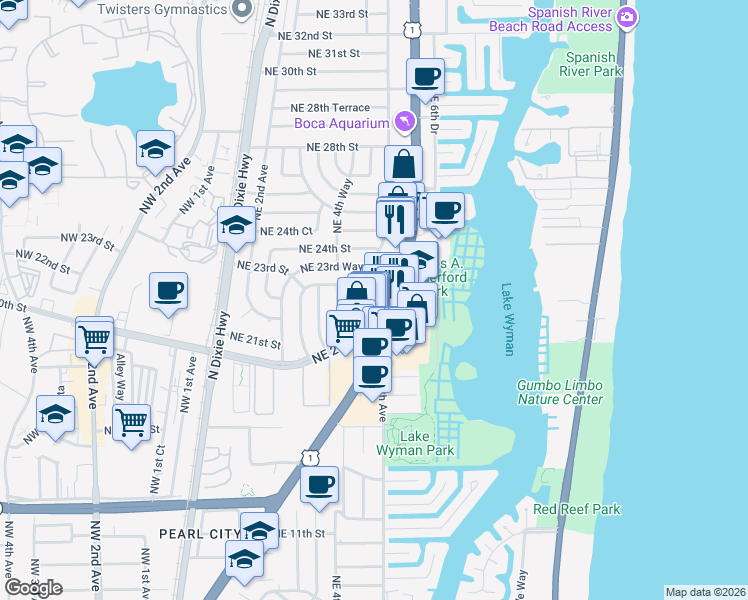 map of restaurants, bars, coffee shops, grocery stores, and more near 2257 North Federal Highway in Boca Raton