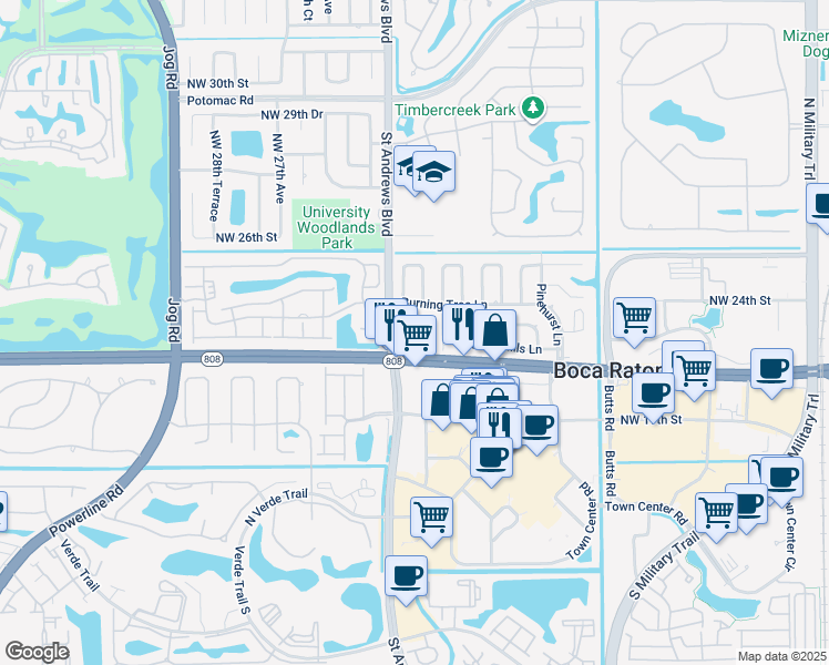 map of restaurants, bars, coffee shops, grocery stores, and more near 2499 Glades Road in Boca Raton