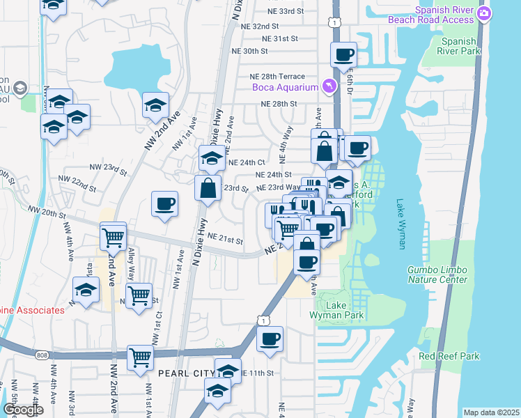 map of restaurants, bars, coffee shops, grocery stores, and more near 2316 Northeast 4th Avenue in Boca Raton