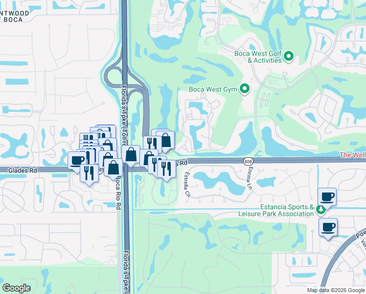 map of restaurants, bars, coffee shops, grocery stores, and more near 302 Bridgewood Court in Boca Raton