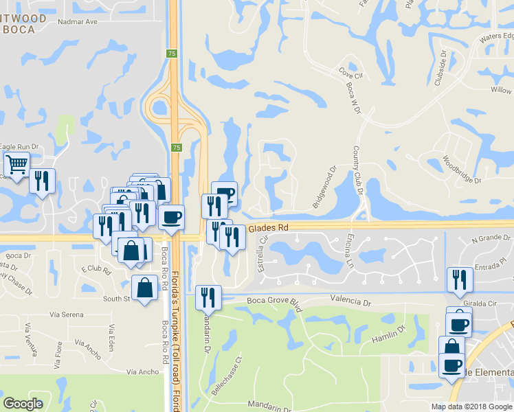map of restaurants, bars, coffee shops, grocery stores, and more near 302 Bridgewood Court in Boca Raton