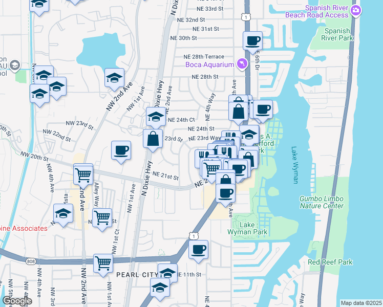 map of restaurants, bars, coffee shops, grocery stores, and more near 2316 Northeast 4th Avenue in Boca Raton