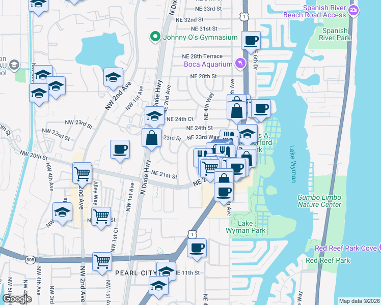 map of restaurants, bars, coffee shops, grocery stores, and more near 2316 Northeast 4th Avenue in Boca Raton