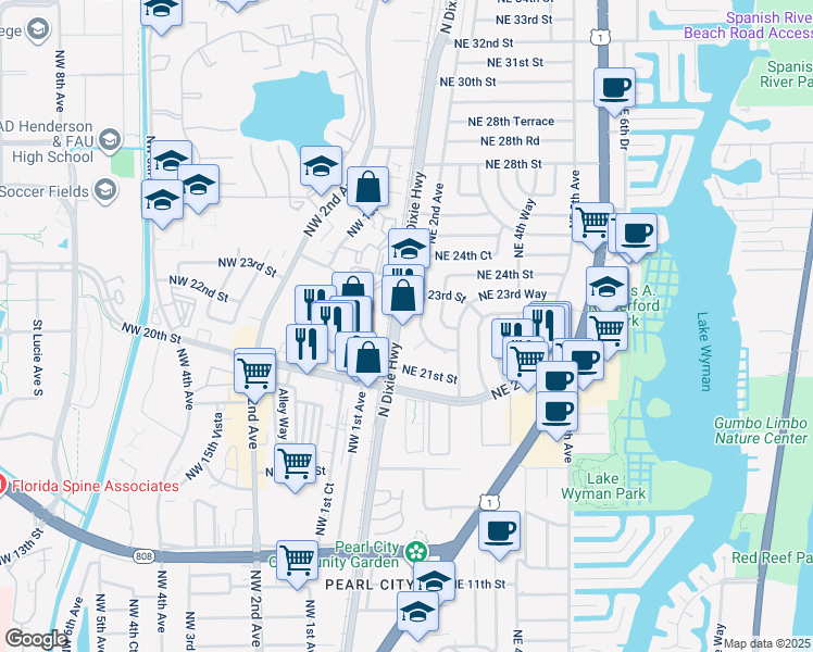 map of restaurants, bars, coffee shops, grocery stores, and more near 2200 Northeast 2nd Avenue in Boca Raton