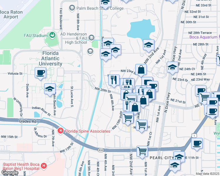 map of restaurants, bars, coffee shops, grocery stores, and more near 354 Northwest 21st Street in Boca Raton
