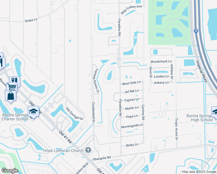 map of restaurants, bars, coffee shops, grocery stores, and more near 25402 Golf Lake Circle in Bonita Springs