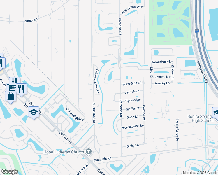 map of restaurants, bars, coffee shops, grocery stores, and more near 25402 Golf Lake Circle in Bonita Springs