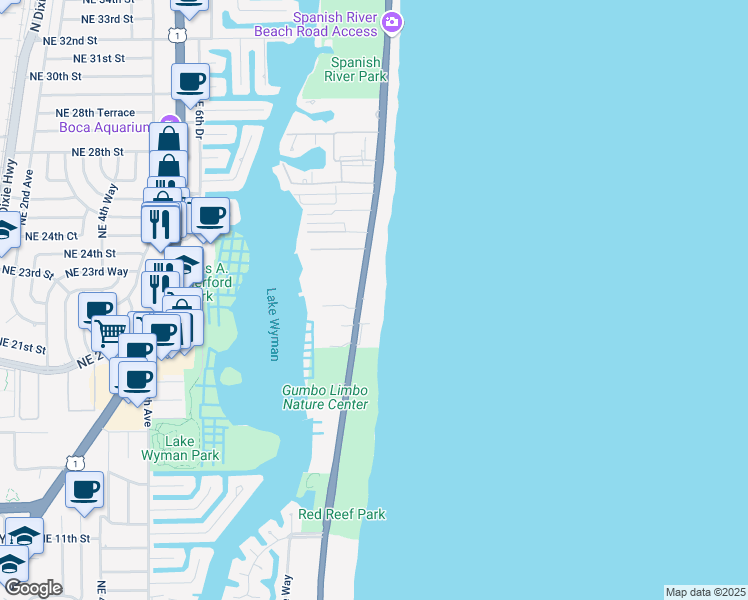 map of restaurants, bars, coffee shops, grocery stores, and more near 2070 North Ocean Boulevard in Boca Raton