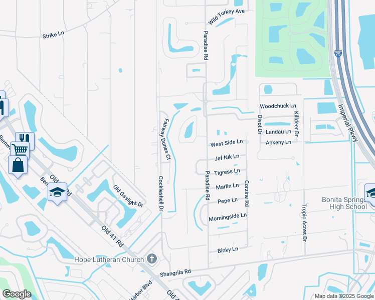 map of restaurants, bars, coffee shops, grocery stores, and more near 25402 Golf Lake Circle in Bonita Springs