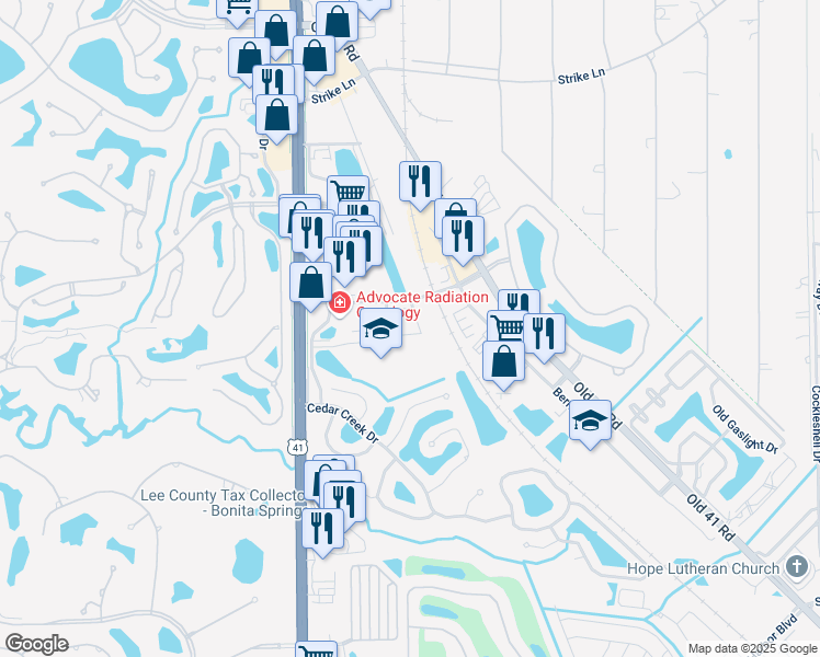 map of restaurants, bars, coffee shops, grocery stores, and more near 8950 Colonnades Court West in Bonita Springs