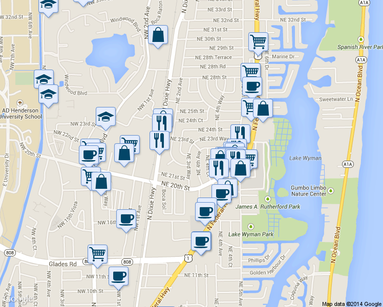 map of restaurants, bars, coffee shops, grocery stores, and more near 2200 Northeast 3rd Way in Boca Raton