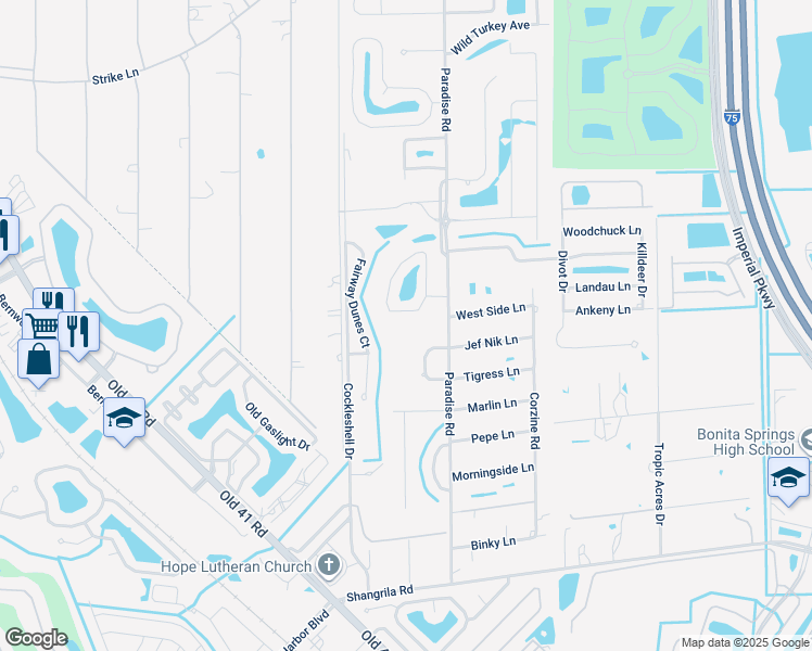 map of restaurants, bars, coffee shops, grocery stores, and more near 25402 Golf Lake Circle in Bonita Springs