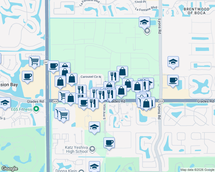 map of restaurants, bars, coffee shops, grocery stores, and more near 9376 Boca River Circle in Boca Raton