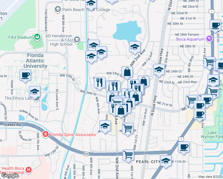 map of restaurants, bars, coffee shops, grocery stores, and more near 2130 Northwest 21st Street in Boca Raton