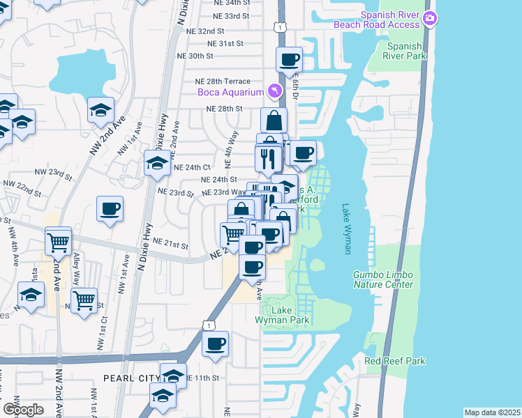 map of restaurants, bars, coffee shops, grocery stores, and more near 2257 North Federal Highway in Boca Raton