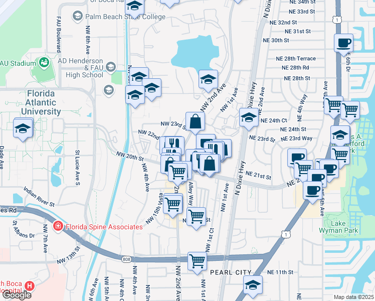 map of restaurants, bars, coffee shops, grocery stores, and more near 2100 Northwest Boca Raton Boulevard in Boca Raton