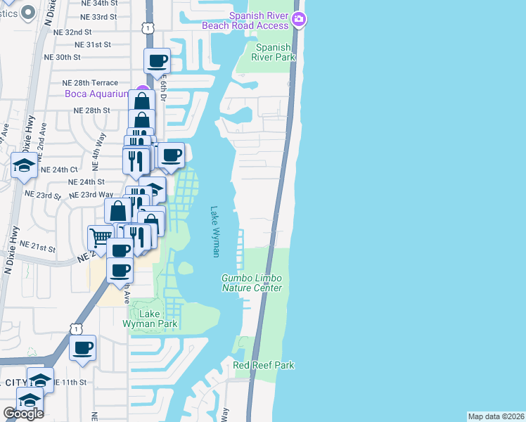 map of restaurants, bars, coffee shops, grocery stores, and more near 2121 North Ocean Boulevard in Boca Raton