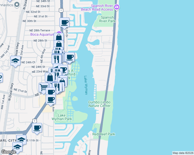 map of restaurants, bars, coffee shops, grocery stores, and more near 2121 North Ocean Boulevard in Boca Raton