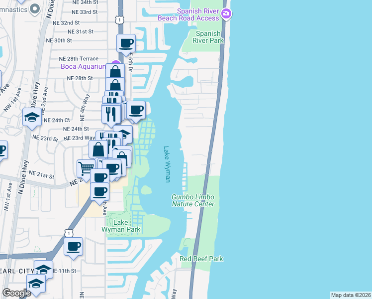 map of restaurants, bars, coffee shops, grocery stores, and more near 2003 North Ocean Boulevard in Boca Raton