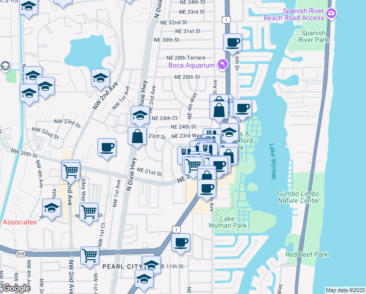 map of restaurants, bars, coffee shops, grocery stores, and more near 2316 Northeast 4th Avenue in Boca Raton
