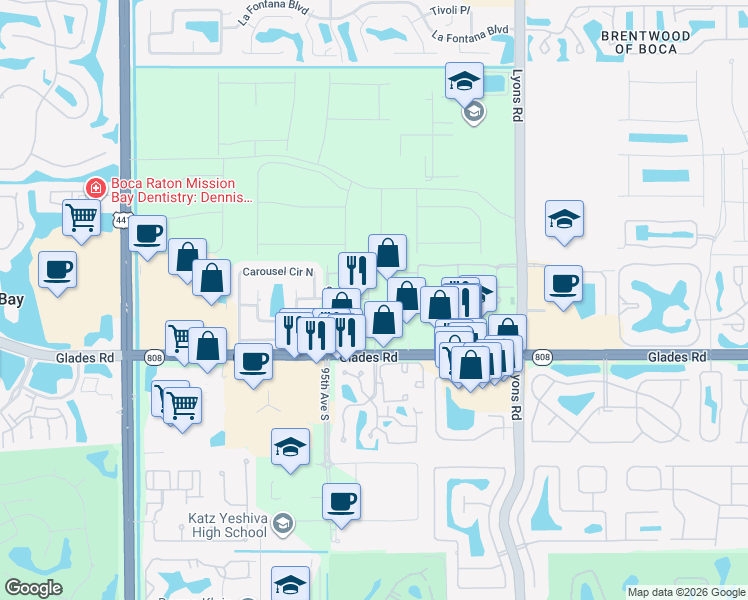 map of restaurants, bars, coffee shops, grocery stores, and more near 9416 Boca River Circle in Boca Raton
