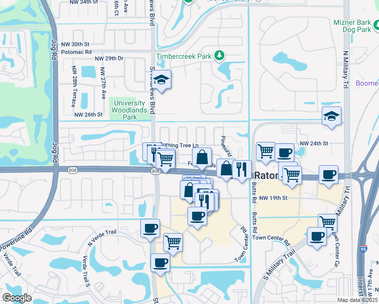 map of restaurants, bars, coffee shops, grocery stores, and more near 7 Tam O Shanter Lane in Boca Raton