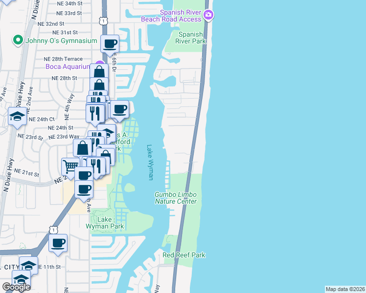 map of restaurants, bars, coffee shops, grocery stores, and more near 2121 North Ocean Boulevard in Boca Raton