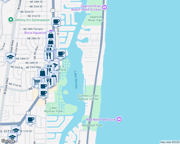 map of restaurants, bars, coffee shops, grocery stores, and more near 2121 North Ocean Boulevard in Boca Raton