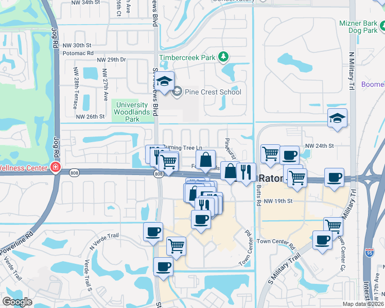 map of restaurants, bars, coffee shops, grocery stores, and more near 7 Tam O Shanter Lane in Boca Raton