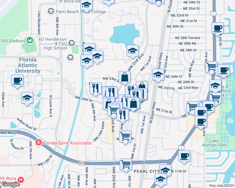 map of restaurants, bars, coffee shops, grocery stores, and more near 2100 NW Boca Raton Blvd in Boca Raton