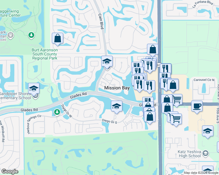 map of restaurants, bars, coffee shops, grocery stores, and more near 10501 Lake Vista Circle in Boca Raton